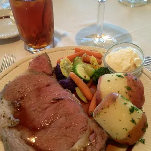 beef, potatoes, and steamed vegetables
