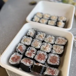 Toro, yellowtail and scallop cut roll