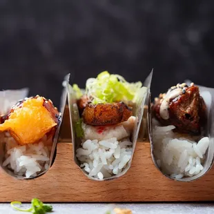 Left Shrimp tempura Pork belly Wagyu meatball