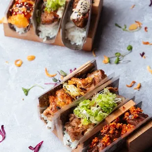 Left Shrimp tempura Pork belly Wagyu meatball  Right Chicken thigh Wagyu  toro Wagyu beef