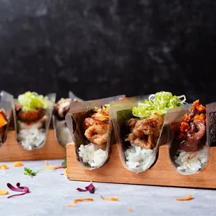 Left Shrimp tempura Pork belly Wagyu meatball  Right Chicken thigh Wagyu  toro Wagyu beef