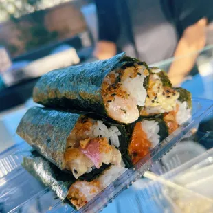 Scallop hand roll, salmon hand roll, Hamachi Hand Rolls