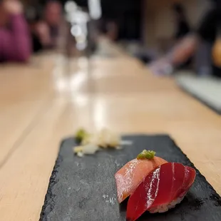 fatty sake (left) and some not-fatty tuna (bright red, in front)...sorry, it was on the daily menu so I don&apos;t remember exactly