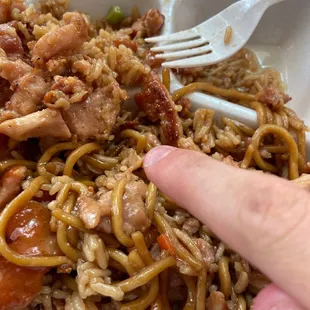 a hand holding a fork over a plate of noodles