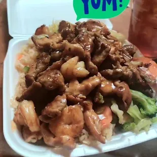$14 for all of this! Teriyaki combo with shrimp, chicken and beef. Easily can be split with two people.