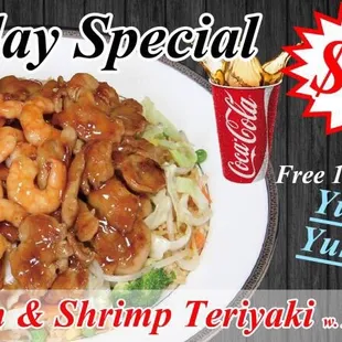 a plate of chicken and shrimp teriyaki