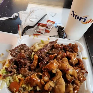 a plate of food and a drink