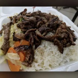 a plate of beef and rice