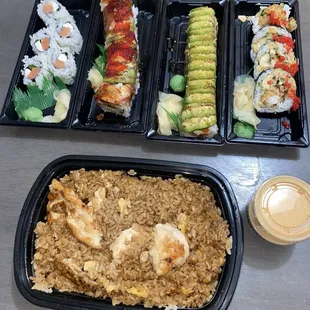To-Go Order...Chicken Fried Rice, YumYum Sauce, Philly Roll, Godzilla Roll, Hot Chicks Roll, Spider Roll