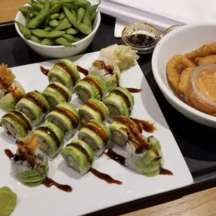 Sushi (Tiger Roll x2), calamari, and edamame