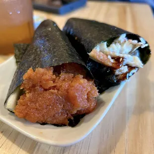 Spicy tuna hand roll and eel hand roll