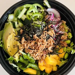Salad Build Your Own Poke Bowl Spring mix Salmon Tuna Shrimp Avocado, onion, pepper, mango, edamame, dried toppings