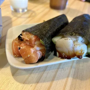 Salmon hand roll and scallops hand roll