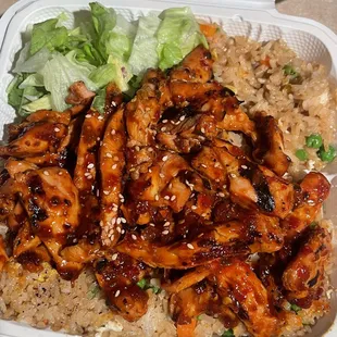 Spicy Chicken Teriyaki + Fried Rice (always get a side of gyoza!)