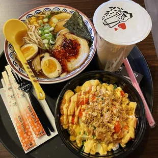 Shoyu Ramen, Milk Tea with Tapioca Bubble, and Poke Bowl with 2 Protein