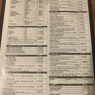 Sushi menu