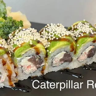 caterpillar roll with broccoli and sesame seeds