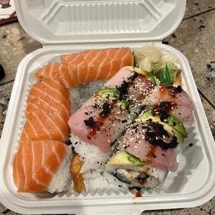 49er Roll $13.25 and Sleepy Dragon roll (sub albacore for hamachi) $12.75.  SO good