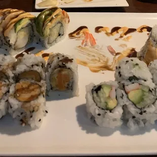 Top fire lobster special roll, sweet potato roll, and California roll.