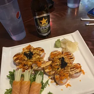 Sushi and smoked salmon sashimi