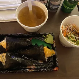 Texan hand rolls (with seaweed instead of soy paper), miso soup, shrimp &amp; crab sonomono salad.