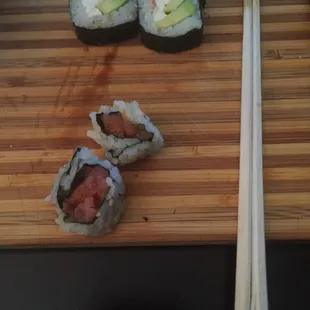 Spivey tuna and Philadelphia rolls, no tuna for the most part in the Philadelphia roll and the spicy tuna was the size of a quarter