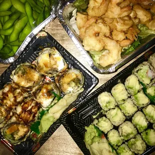 Rock Shrimp, edamame, veggie rolls, &quot;Fat Boy&quot;