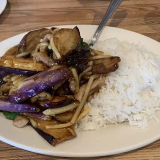 S06. Shredded Pork & Eggplant with Spicy Garlic Sauce Over Rice