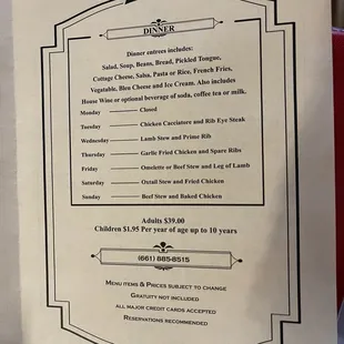 Dinner menu