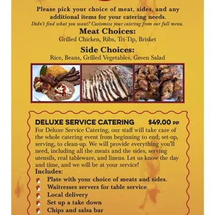 Our catering menu. Pick the service that fits your needs and give us a call! 209 625-8741