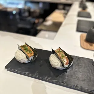 Spicy tuna and salmon temaki