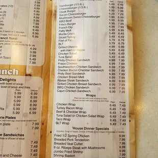 the menu and prices