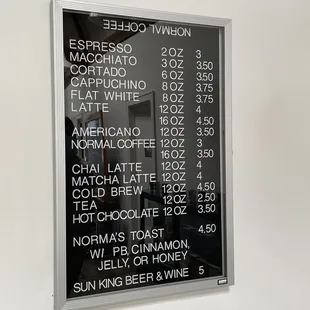 a menu on a wall