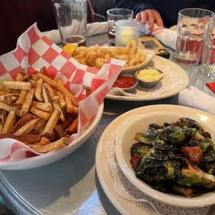 french fries, brussels sprouts, and brussel sprouts