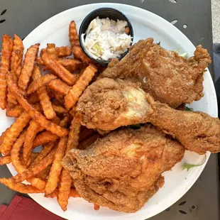 Fabulous fried chicken and superior sweet potato fries.  The cole slaw is skimpy but fantastic.