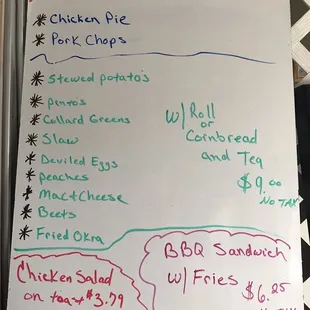 a menu for lunch special