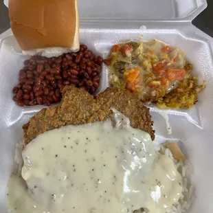 Chuck wagon rice and gravy ,field peas with snaps, mixed vegetable casserole