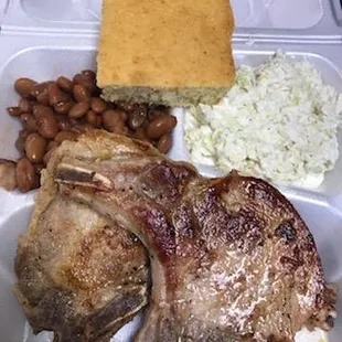 Grilled pork chops, pintos(not from a can!), slaw