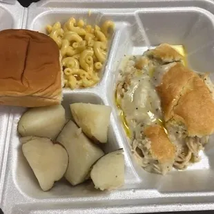 Chicken pie, stewed potatoes and Mac and cheese