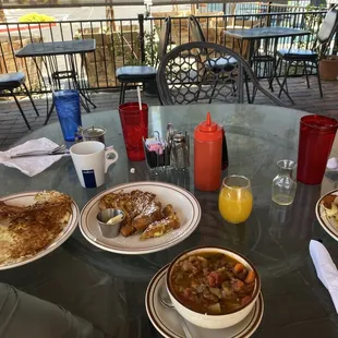 French toast, eggs benedict, soup, and mango mimosa