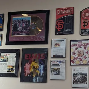 a wall of sports memorabilia