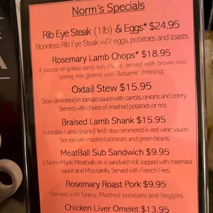 Menu specials
