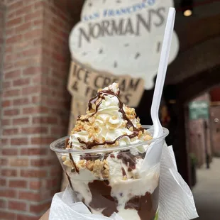 a hand holding a cup of ice cream