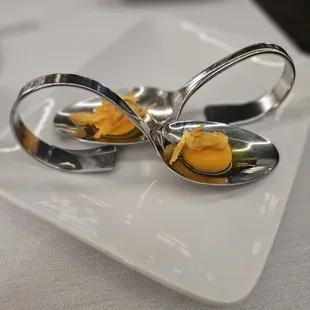 Palate cleanser ..chef compliments..carrot puree with plantain chips