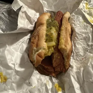 HAZEL'S HALFS with mustard relish and onion