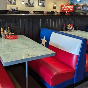 a table and booths