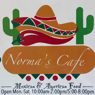 Front cover of the menu of this family owned, delicious family recipe restaurant. Also open Sundays 9am - 2pm