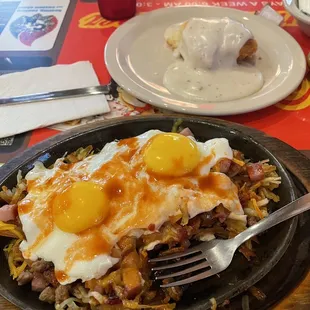 Breakfast skillet with biscuit and gravy