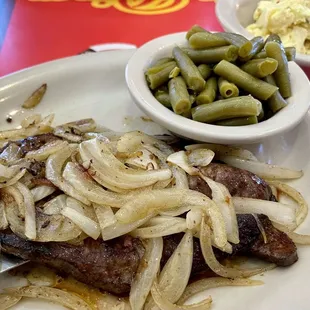 Liver and Onions with Green Beans and Potato Salad