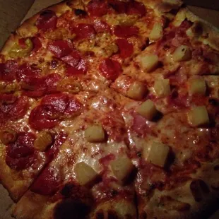 16" take out - half pepperoni and banana peppers - half ham and pineapple